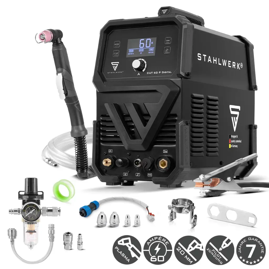 STAHLWERK Plasmaschneider CUT 60 P Digital | 60 A Inverter-Plasmaschneider | HF-Pilotzündung | Digitalanzeige | THC-Schnittstelle für CNC | Schneidleistung bis 20 mm | Plasma Cutter mit 2T/4T-Funktion 