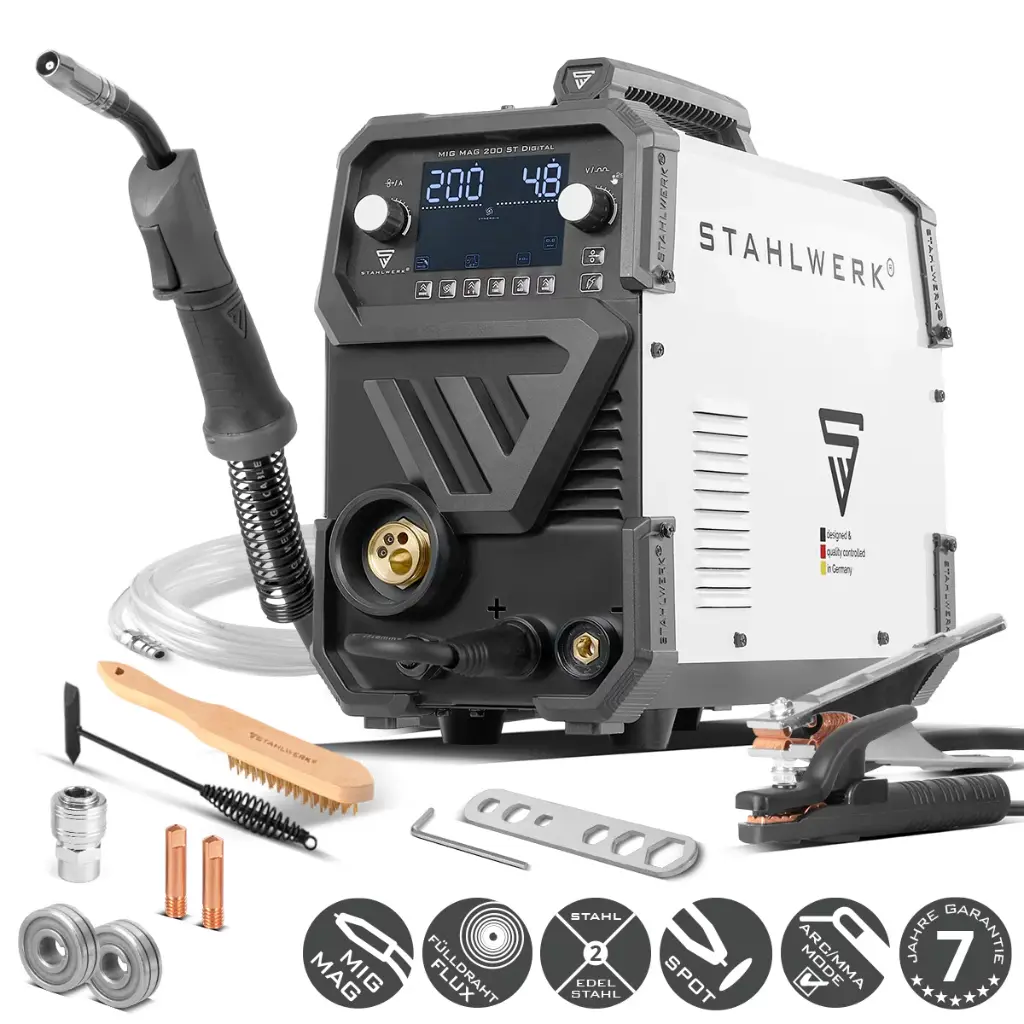 STAHLWERK Schweißgerät MIG MAG 200 ST Digital Schutzgas-Schweißgerät | Inverter mit 200 A, Spot-Funktion, synergischem Drahtvorschub, FLUX und MMA | ARC Funktion 