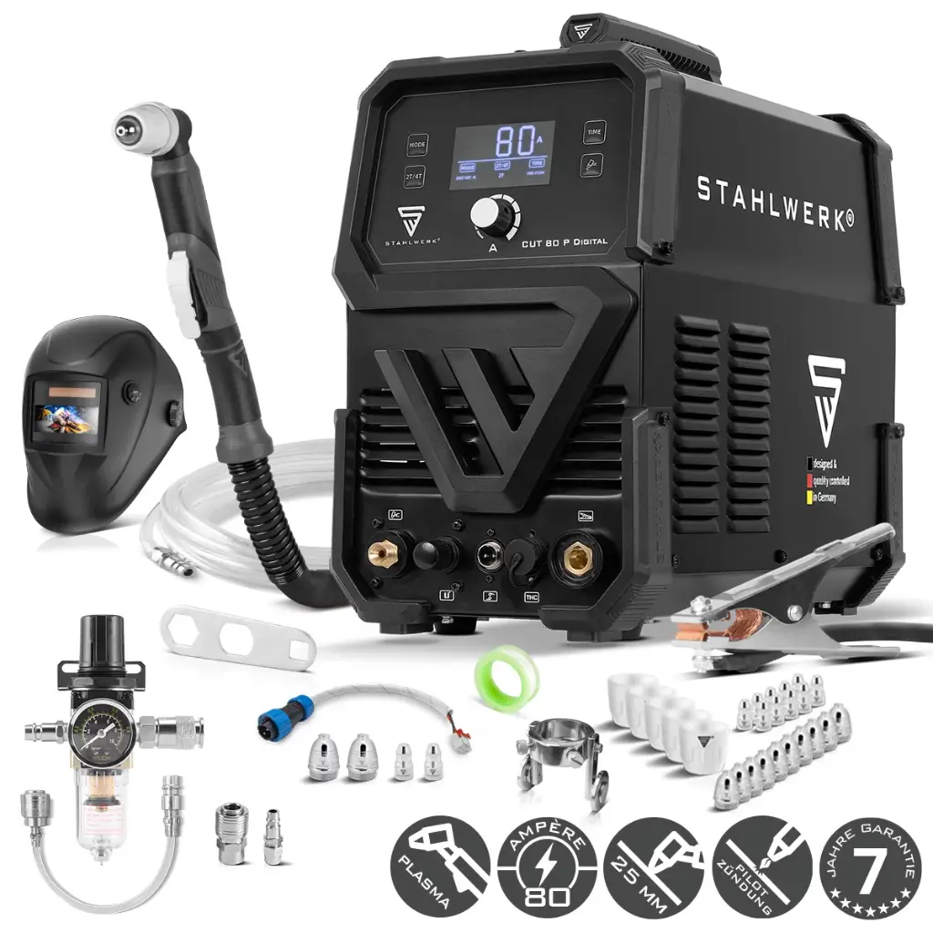 STAHLWERK Plasmaschneider CUT 80 P Digital Vollausstattung | 80 A Inverter-Plasmaschneider | HF-Pilotzündung | Digitalanzeige | THC-Schnittstelle für CNC | Schneidleistung bis 25 mm | Plasma Cutter mit 2T/4T-Funktion 