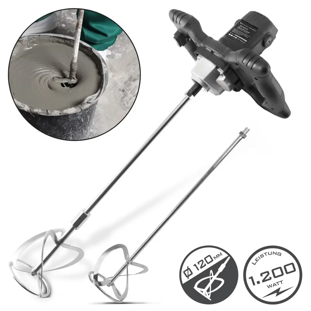 STAHLWERK Rührwerk RW-1200 ST | 1.200 W und 850 U/min | Elektrischer Mörtelrührer mit Zusatz-Quirl 120 x 600 mm | Drehzahlregelung und Sicherheitsschalter | Betonrührer | Farbrührer | Farbmischer 