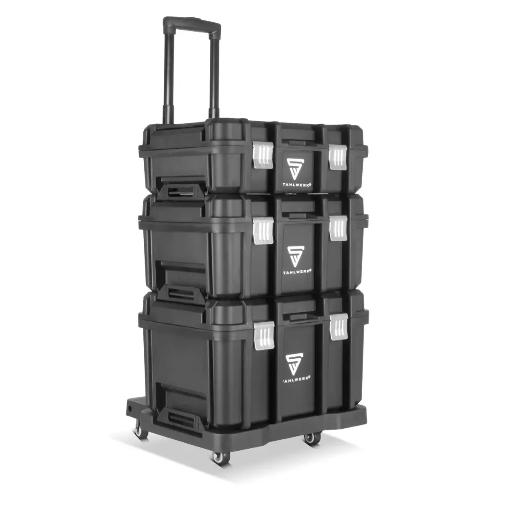 STAHLWERK Toolbox Set | Mobiler Werkzeug-Trolley und Organizer mit Teleskopgriff | Flexibles Modul-System mit Sortimentsboxen | 3 stapelbare Werkzeugkisten | Werkzeugboxen mit Kleinteil-Organizer 