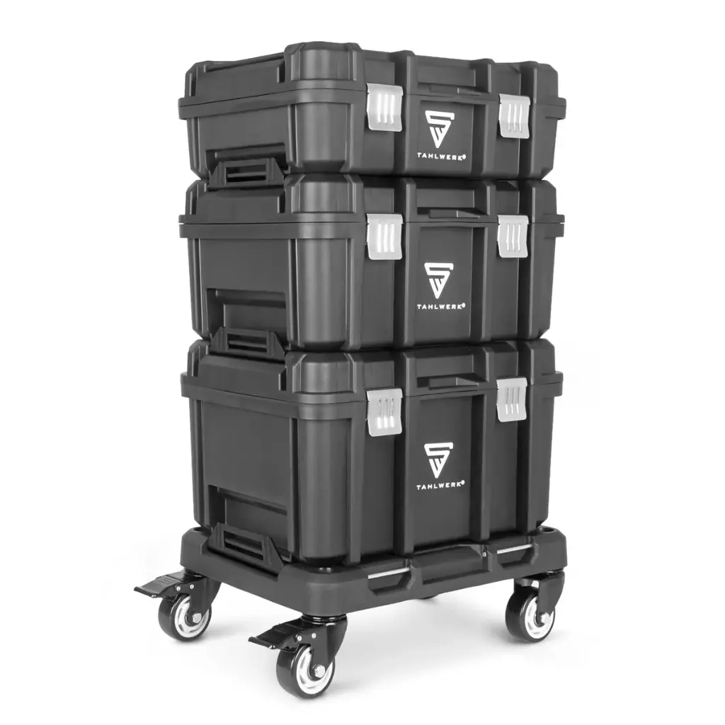 STAHLWERK Toolbox Set | 3 stapelbare Werkzeugkisten | Fahrbarer Werkzeug-Trolley mit Rollbrett | Flexibles Modul-System mit Sortimentsboxen | Mobile Werkzeugboxen mit Kleinteil-Organizern 