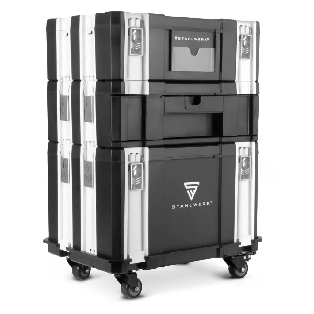 STAHLWERK Toolbox Set | 3 stapelbare Werkzeugkisten | Mobiler Werkzeug-Organizer mit Schubfach und Rollbrett | Flexibles Modul-System mit robusten Sortimentsboxen | Werkzeugtrolley 