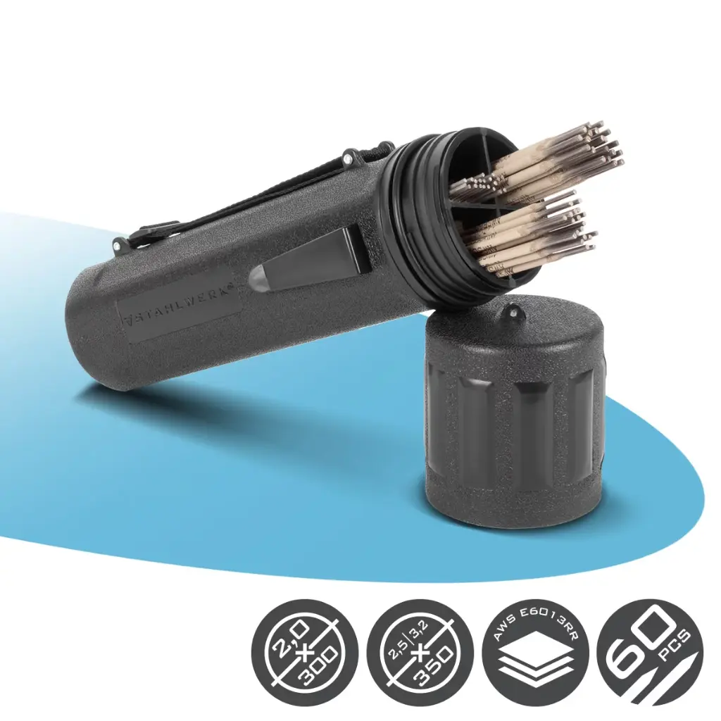 STAHLWERK Stabelektroden-Set mit wasserdichter Aufbewahrungsbox | Schweißstäbe AWS E6013 RR im Elektrodenköcher | 60 Elektroden Vorteilspack | 2,0 x 300 mm | 2,5 x 350 mm | 3,2 x 350 mm 