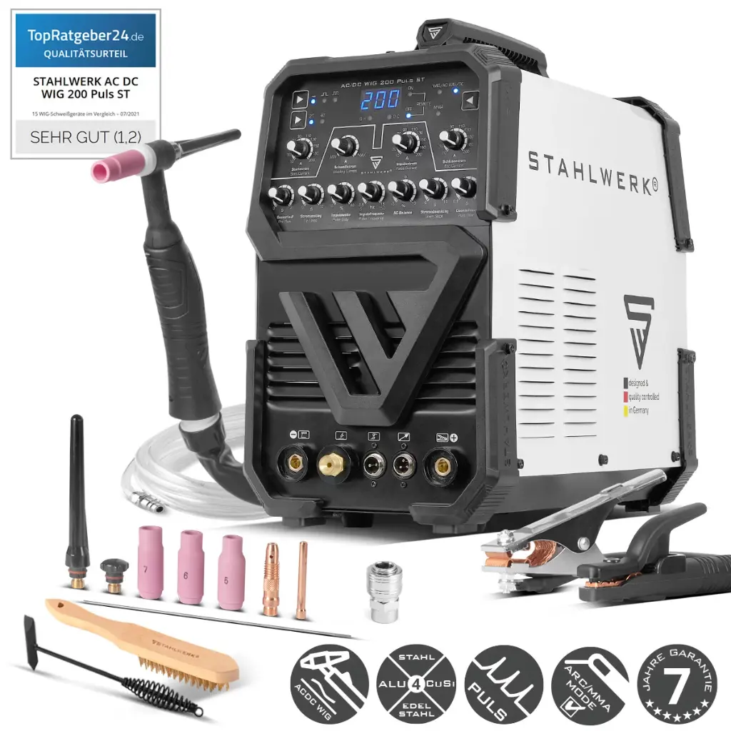 STAHLWERK AC/DC WIG 200 Puls ST | WIG-Schweißgerät mit 200 Ampere | AC/DC WIG und MMA/E-Hand Kombi-Inverter | 2T / 4T-Modus | Dünnblech geeignet | AC-Modus für Aluminium | Hotstart und Anti-Stick 