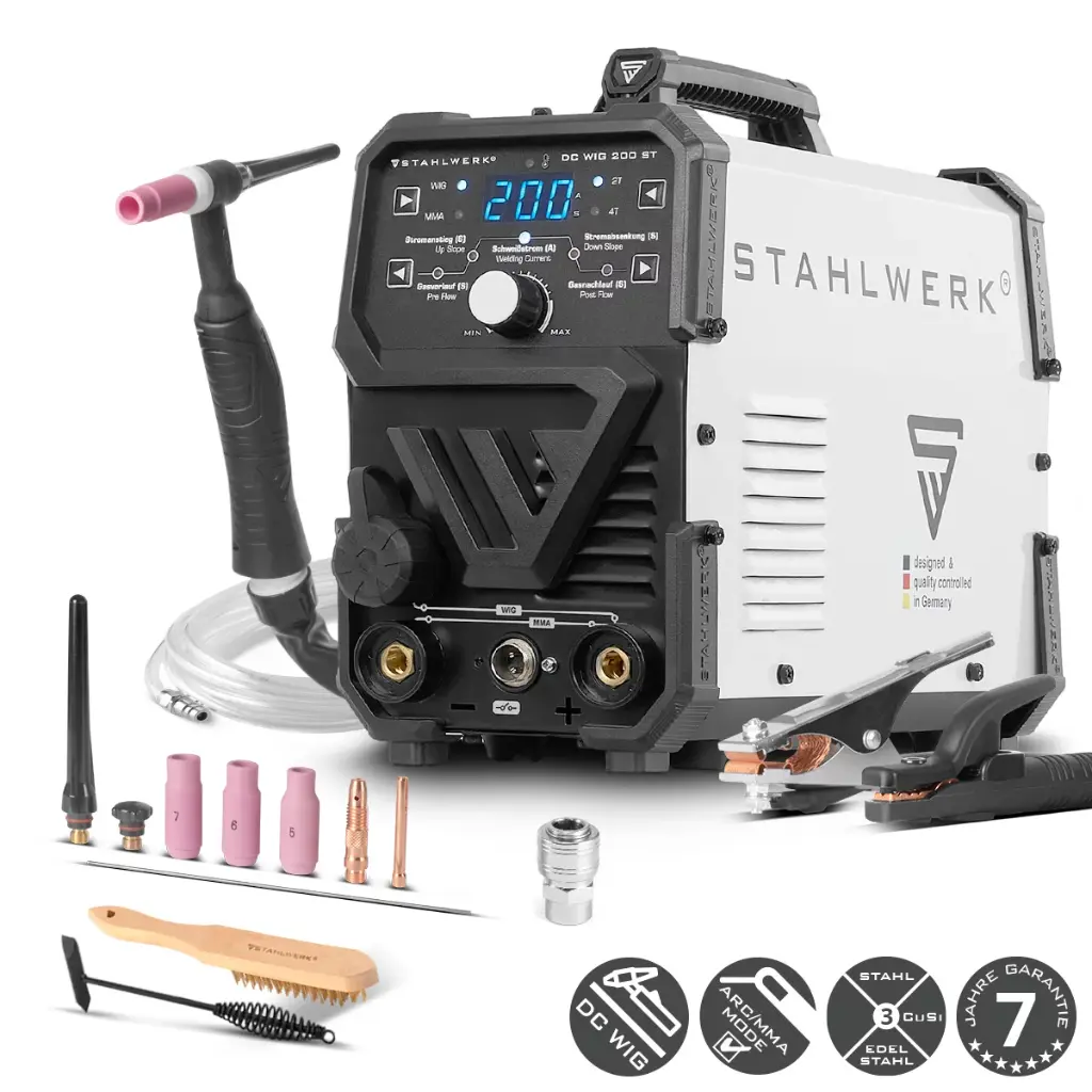 STAHLWERK DC WIG 200 ST | 2-in-1 Kombi-Schweißgerät | WIG MMA | 200 Ampere | HF-Zündung, Hotstart, Anti-Stick | Für Stahl, Edelstahl, Kupfer, Messing | Nicht für Aluminium geeignet 