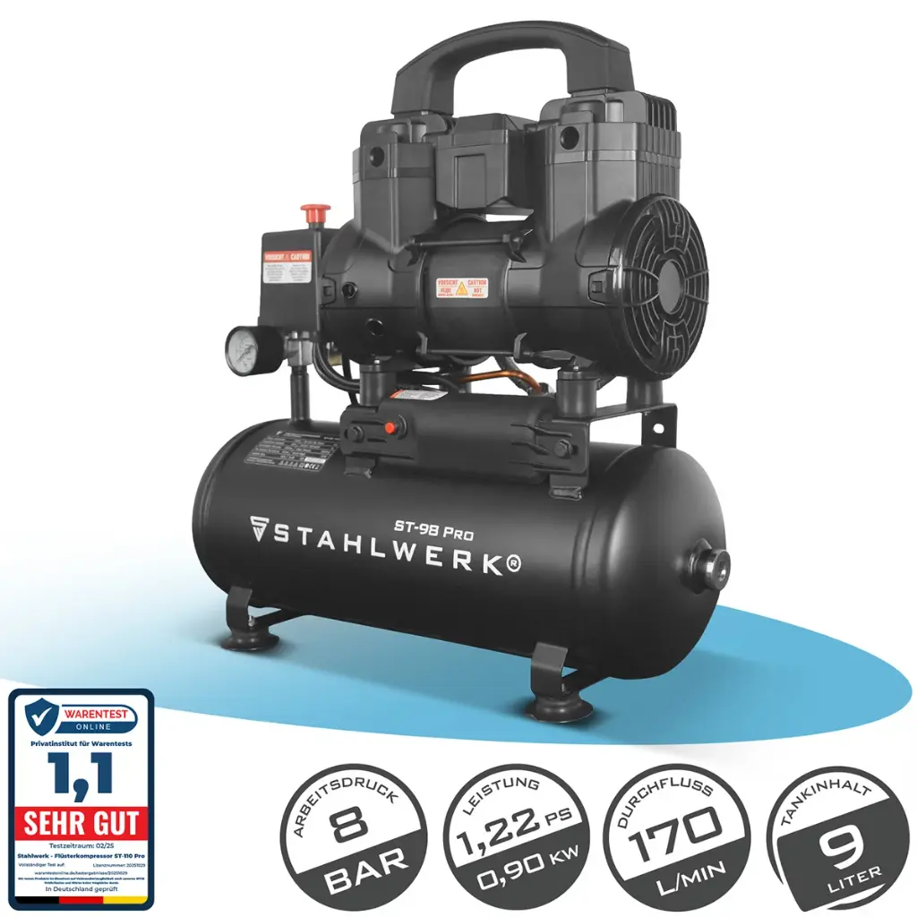 STAHLWERK Kompressor ST-98 Pro mit 8 bar | 1,22 PS | 0,90 kW | 170 l/min | 9 L Tank ölfreier Druckluft-Kompressor | Kolben-Kompressor | Silent-Kompressor | Flüster-Kompressor mit Brushless-Motoren 