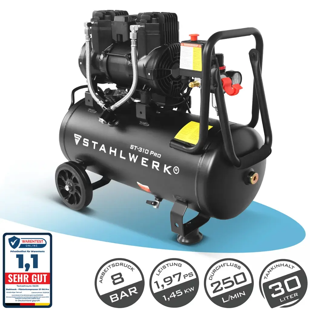 STAHLWERK Kompressor ST-310 Pro mit 8 bar | 1,97 PS | 1,45 kW | 250 l/min | 30 L Tank ölfreier Druckluft-Kompressor | Kolben-Kompressor | Silent-Kompressor | Flüster-Kompressor mit Brushless-Motoren 