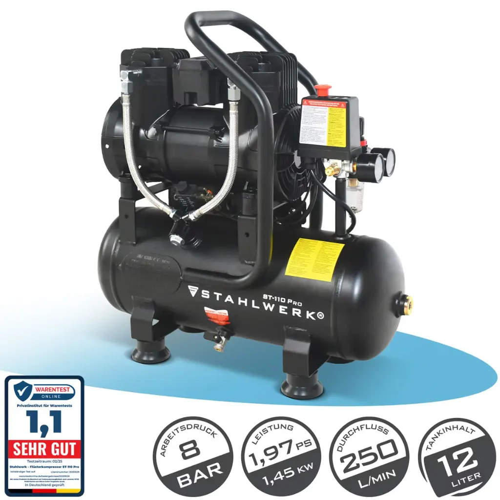 STAHLWERK Kompressor ST-110 Pro mit 8 bar | 1,97 PS | 1,45 kW | 250 l/min | 12 l Tank ölfreier Druckluft-Kompressor | Kolben-Kompressor | Silent-Kompressor | Flüster-Kompressor mit Brushless-Motoren 