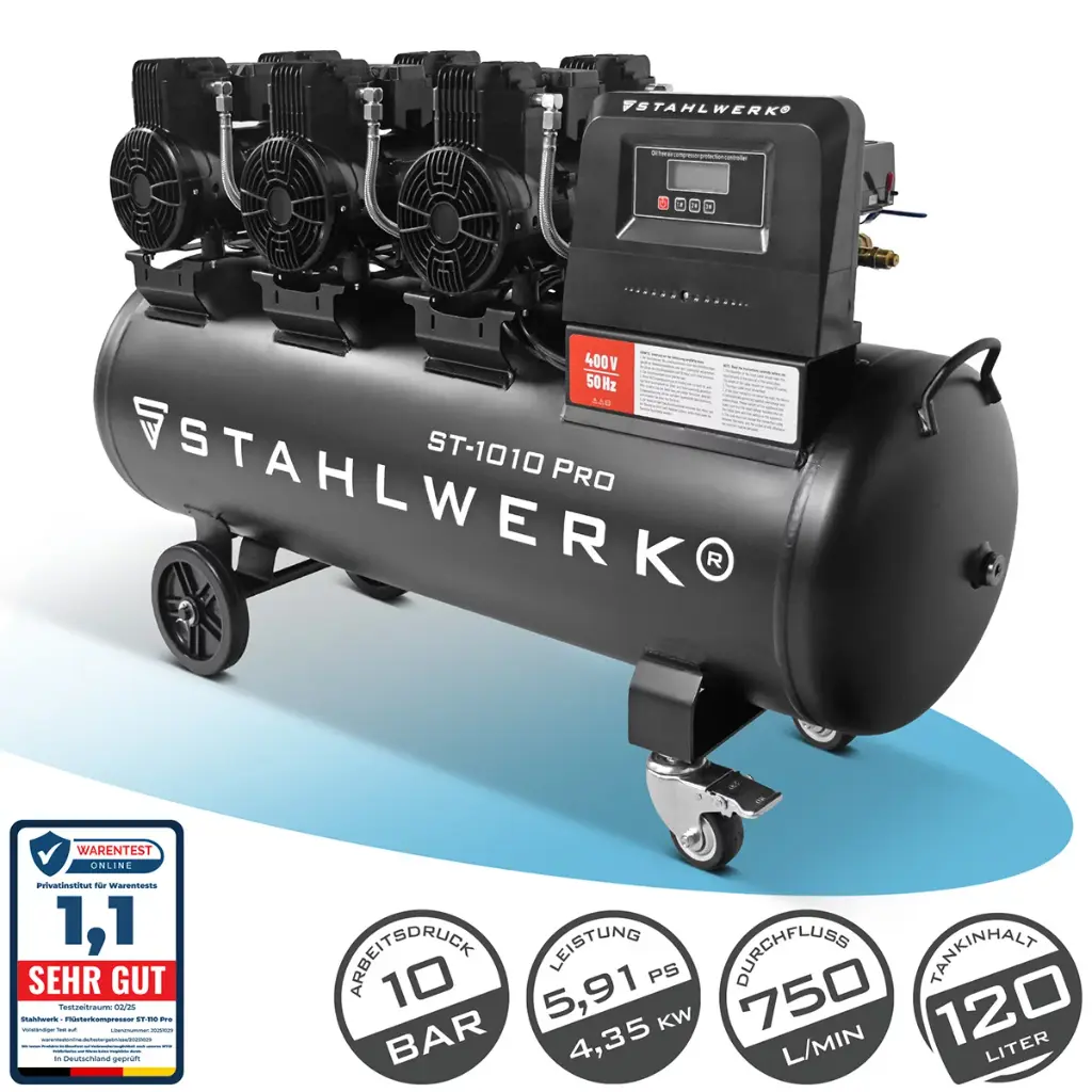 STAHLWERK Kompressor ST-1010 Pro mit 10 bar | 5,91 PS | 4,35 kW | 750 l/min | 120 L Tank ölfreier Druckluft-Kompressor | Kolben-Kompressor | Silent-Kompressor | Flüster-Kompressor mit Brushless-Motoren 