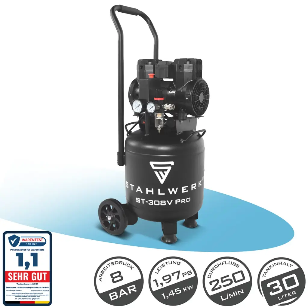 STAHLWERK Kompressor ST-308V Pro mit 8 bar | 1,97 PS | 1,45 kW | 250 l/min | 30 L Tank | Kompakter Druckluft-Kompressor | Kolben-Kompressor | Silent-Kompressor | Flüster-Kompressor mit Brushless-Motor 