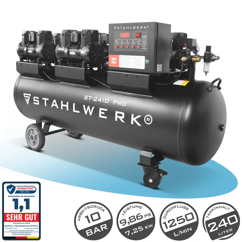 STAHLWERK Kompressor ST-2410 Pro mit 10 bar | 9,86 PS | 7,25 kW | 1250 l/min | 240 L Tank ölfreier Druckluft-Kompressor | Kolben-Kompressor | Silent-Kompressor | Flüster-Kompressor mit Brushless-Motoren 