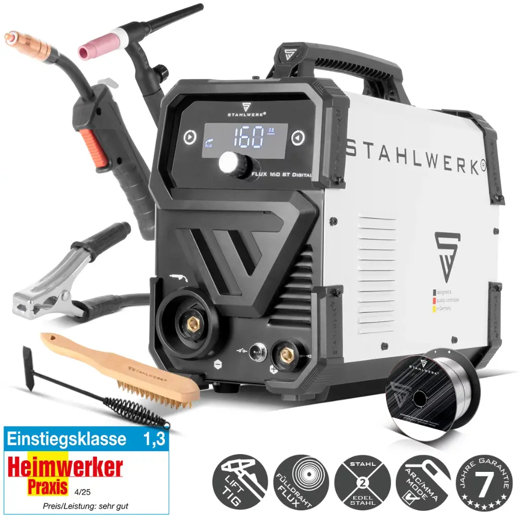 STAHLWERK FLUX 160 ST Digital | Lift TIG Starter-Set | 3-in-1 Fülldraht-Inverter 160 A | WP-17V Universal Lift-Tig-Brenner | Kombi-Schweißgerät für FLUX, MMA, Lift-TIG | Schweißen ohne Schutzgas 