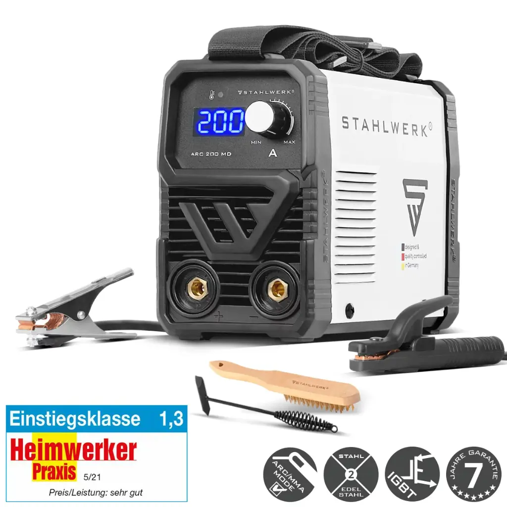 STAHLWERK ARC 200 MD Elektroden-Schweißgerät DC MMA, E-Hand, Lift-TIG Welder | Stufenlos regelbar | Echte 200 Ampere | Sehr kompakt und leicht | Hot-Start, Anti-Stick, Smart-Kühlung | IGBT-Technologie 
