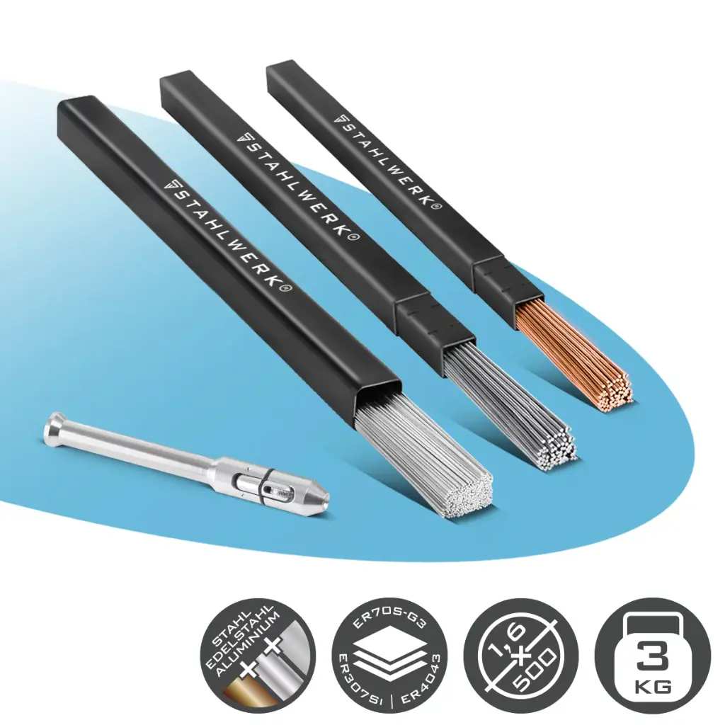 STAHLWERK WIG Schweißstäbe Set mit TIG-Pen | ER70S-G3 Stahl + ER307Si Edelstahl + ER4043Si5 Aluminium | Ø 1,6 mm x 500 mm | je 1 kg Pack | Schweißdrahthalter 0,8–3,2 mm und Transportboxen inklusive 