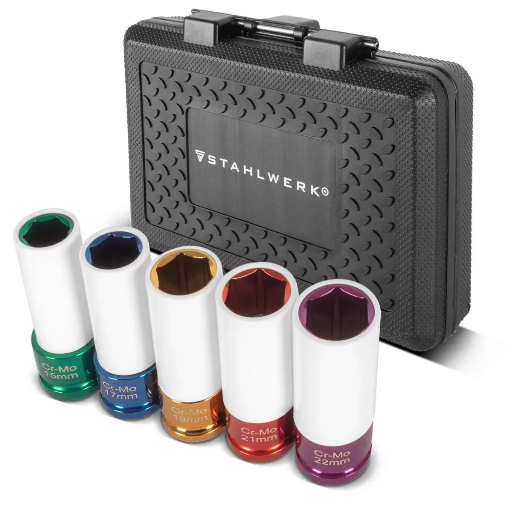 STAHLWERK Schlagschrauber-Nüsse-Set 1/2" Antrieb | 5 Schonnüsse 15, 17, 19, 21, 22 mm | Für einfachen Radwechsel | Cr-Mo-Stecknüsse für Alufelgen | Mit Felgenschutz | 6-Punkt-Profil | Farbcodiert 