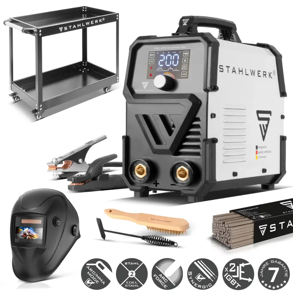 STAHLWERK Elektroden-Schweißgerät ARC 200 Synergic Pro mit 200 Ampere | Vollausstattung | Schweißhelm | Elektroden | Gerätewagen | Vollsynergisch | MMA/E-Hand | Lift-TIG Inverter | IGBT Technologie 