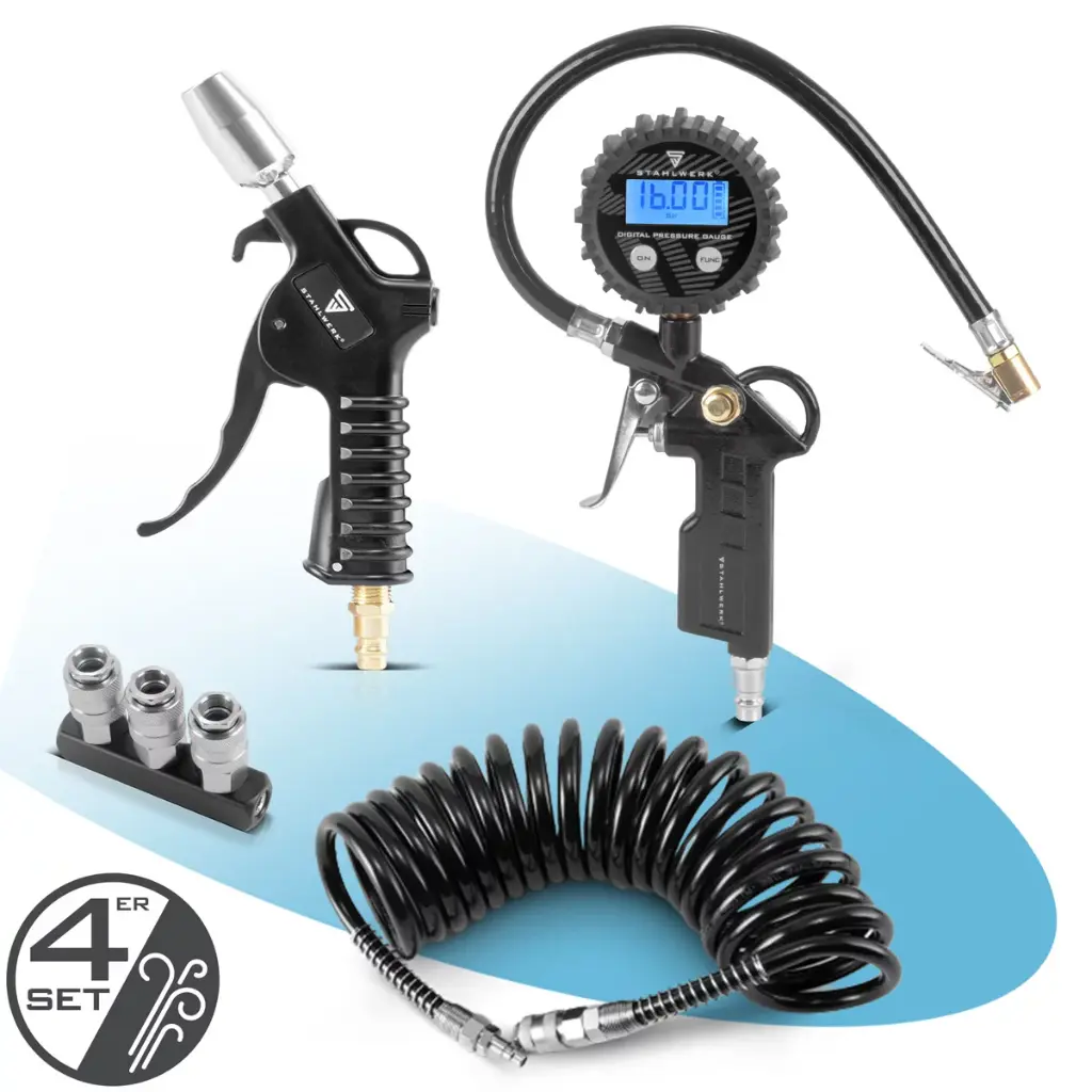 STAHLWERK Druckluft-Set 4-teilig | Kompressoren-Zubehör-Set | Ausblaspistole mit Venturi-Düse | Reifenfüller mit Digital-Druckmesser | 5 Meter Spiralschlauch | 3-fach Druckluft-Verteiler NW 7,2 (1/4") 
