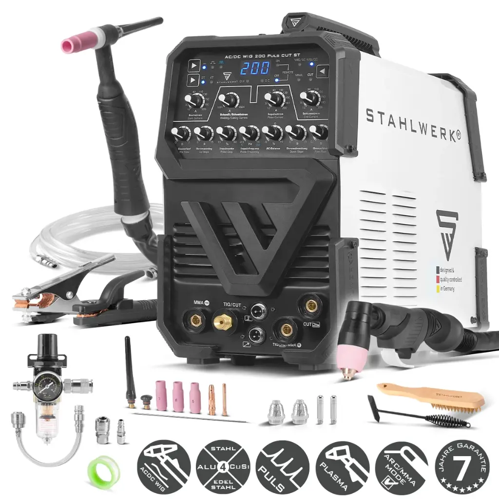 STAHLWERK Schweißgerät AC/DC WIG 200 Puls CUT ST mit 200 A WIG & MMA, Alu & Dünnblech geeignet, Kombigerät mit 45 A CUT-Funktion 