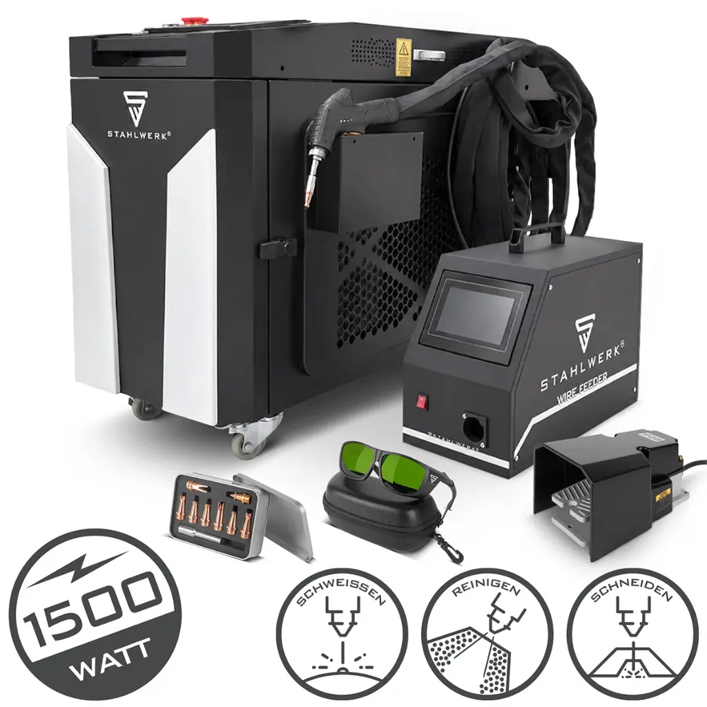 STAHLWERK WCD 1500 Laser Pro | 3-in-1 Laser-Schweißgerät 1500 W | Professionelle Laser-Schweißanlage zum präzisen Schweißen, Schneiden, Reinigen und Entrosten | CW-Faserlaser | Laserklasse 4 | 230 V 
