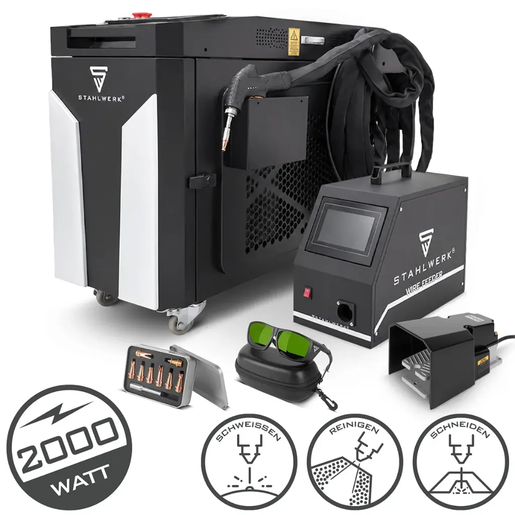 STAHLWERK WCD 2000 Laser Pro | 3-in-1 Laser-Schweißgerät 2000 W | Professionelle Laser-Schweißanlage zum präzisen Schweißen, Schneiden, Reinigen und Entrosten | CW-Faserlaser | Laserklasse 4 | 230 V 