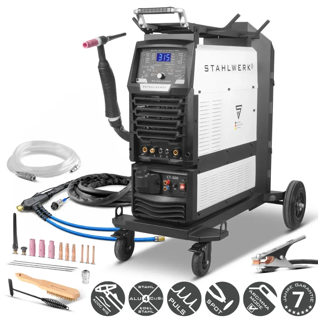 STAHLWERK Schweißgerät AC/DC WIG 315 Puls Pro – wassergekühltes 315 A Industrieschweißgerät mit 1,6 kW Wasserkühlung, AC/DC Puls, MMA/E-Hand, Spot, HF- und Lift-TIG-Zündung, digitales Display, 400 V 