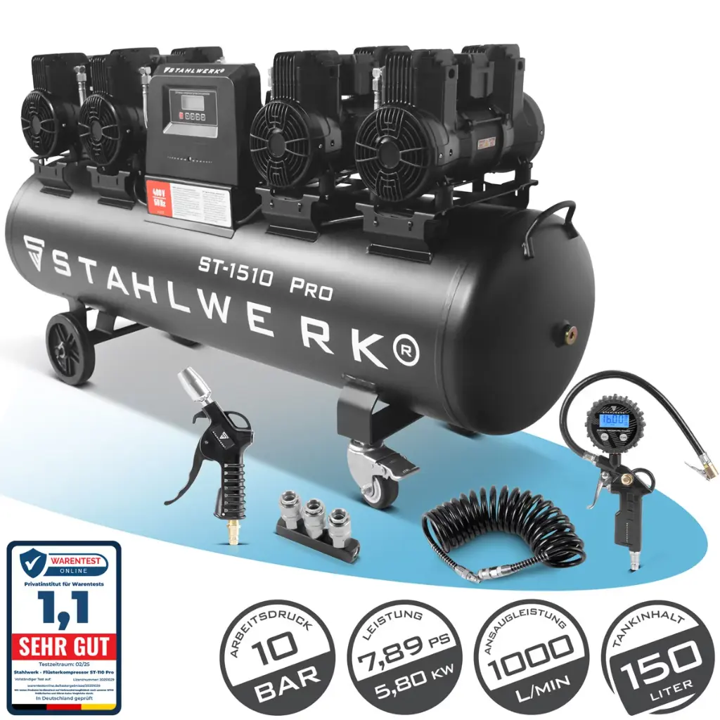 STAHLWERK Kompressor ST-1510 Pro Vollausstattung | 10 bar | 7,89 PS | 5,8 kW | 1000 l/min | 150 l Tank | Ölfrei | Brushless-Motor| 5 Meter Schlauch | Reifenfüller | 3-fach Verteiler | Ausblaspistole 