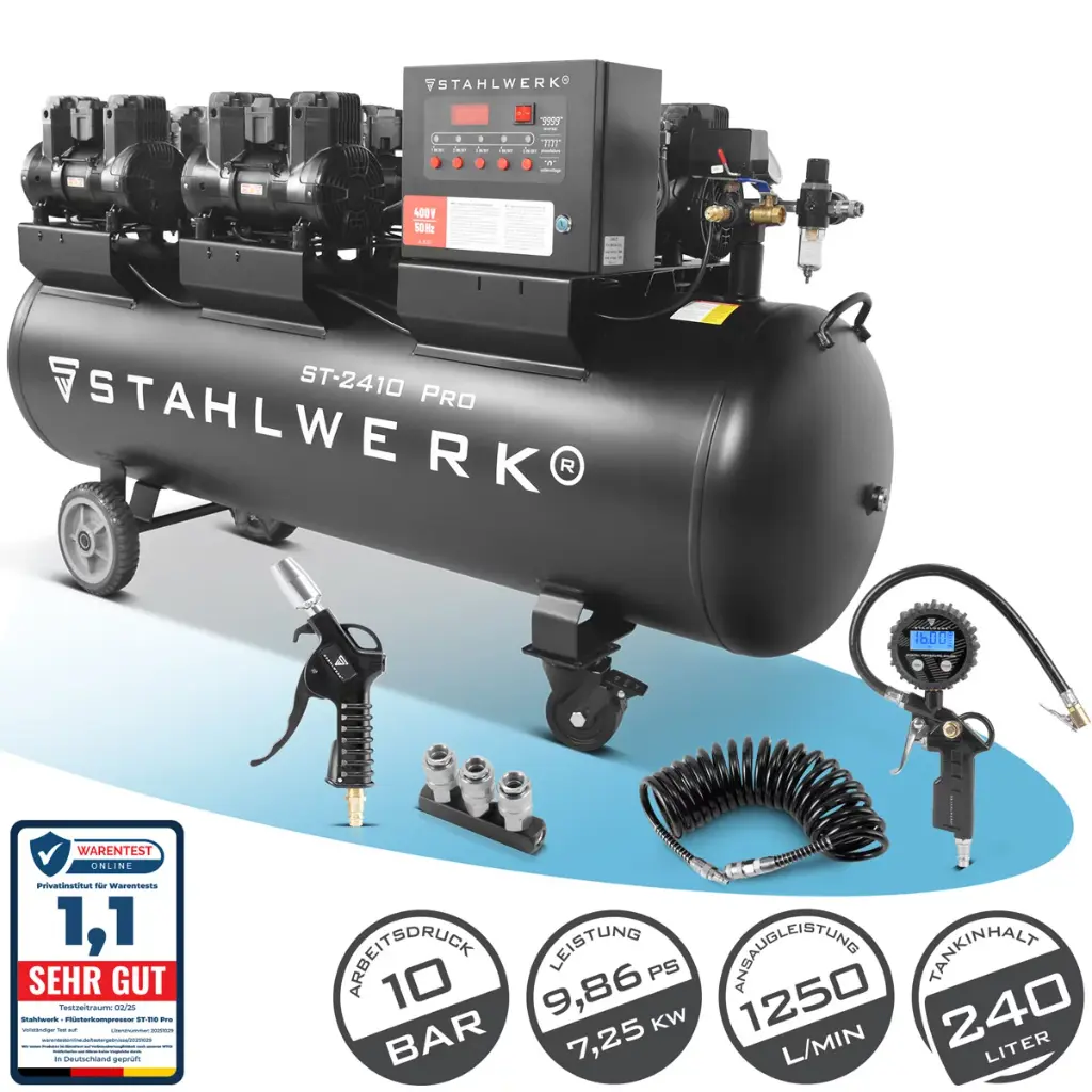 STAHLWERK Kompressor ST-2410 Pro Vollausstattung | 10 bar | 9,86 PS | 7,25 kW | 1250 l/min | 240 L Tank | Ölfrei | Brushless-Motor | 5 Meter Schlauch | Reifenfüller | 3-fach Verteiler | Ausblaspistole 