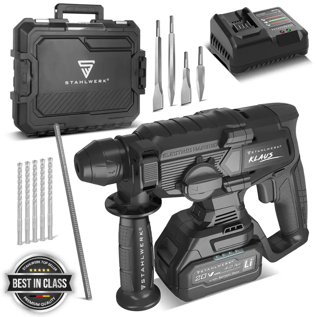 STAHLWERK Akku-Bohrhammer KLAUS | 20 Volt-System | Bohren, Schlagbohren und Meißeln | Bohrer | Bohrmaschine für Beton und Zement | 24 mm Bohrdurchmesser | Brushless | SDS 