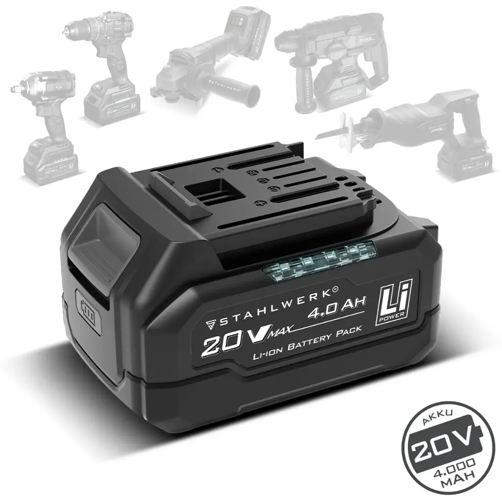 STAHLWERK Akku WHB-2040 mit 20 V, 4 Ah und 80 Wh | Li-Ion-Akku mit integrierter 4-LED-Ladestandsanzeige, Prüftaste, Ersatzakku 