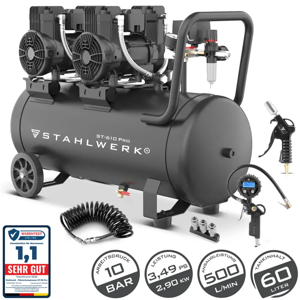 STAHLWERK Kompressor ST-610 Pro Vollausstattung | 10 bar | 3,94 PS | 2,9 kW | 500 l/min | 60 l Tank | Ölfrei | Brushless-Motor| 5 Meter Schlauch | Reifenfüller | 3-fach Verteiler | Ausblaspistole 