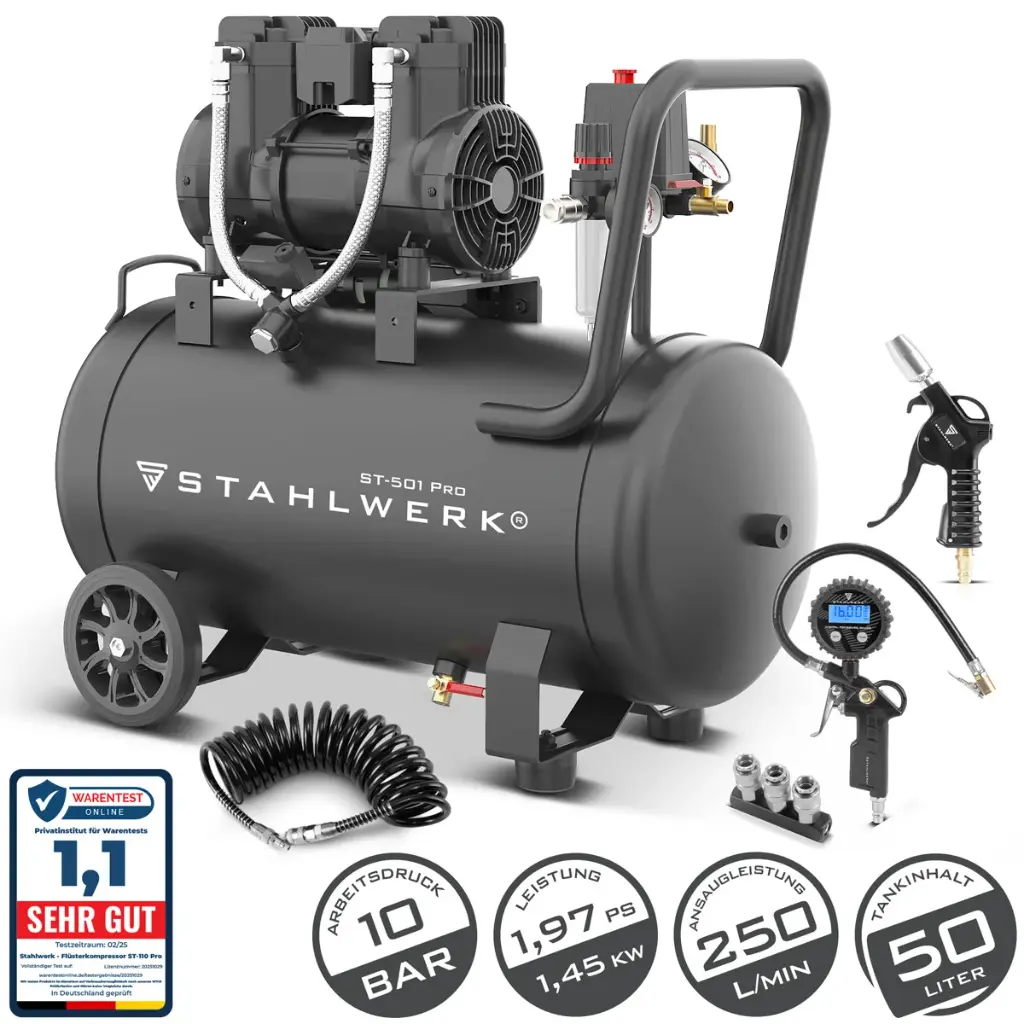 STAHLWERK Kompressor ST-501 Pro Vollausstattung | 10 bar | 1,97 PS | 1,45 kW | 250 l/min | 50 l Tank | Ölfrei | Brushless-Motor| 5 Meter Schlauch | Reifenfüller | 3-fach Verteiler | Ausblaspistole 