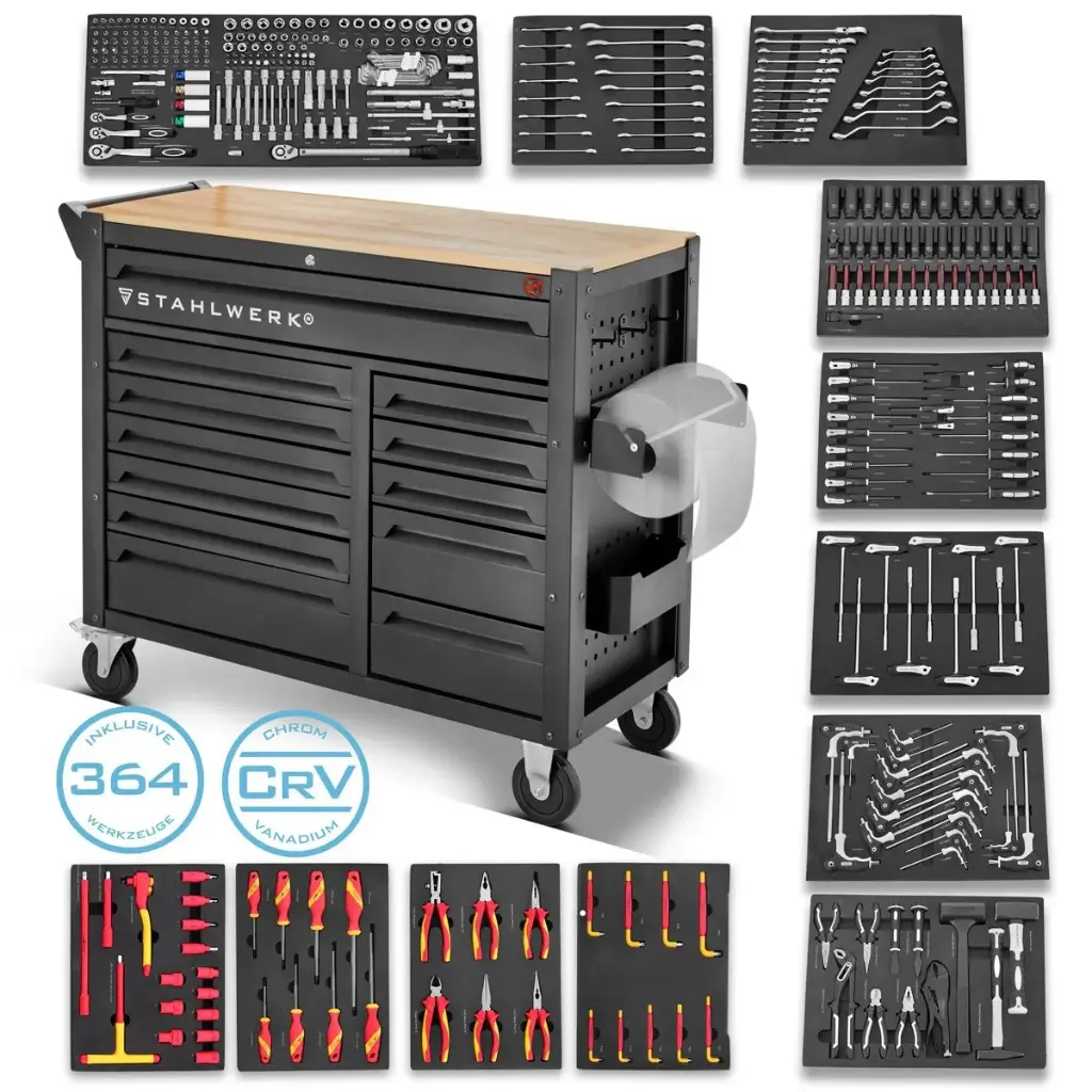 STAHLWERK Werkstattwagen DINO Werkzeugwagen XXL Montagewagen 364 Werkzeuge CrV