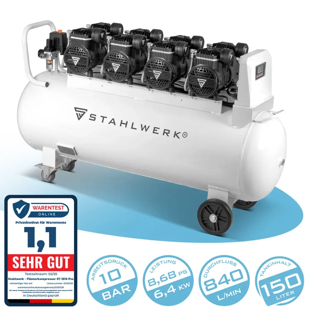 STAHLWERK Kompressor ST-1510 Pro 10 bar 8,6 PS 6,4 kW 840 l/min 150 l Druckluftkompressor