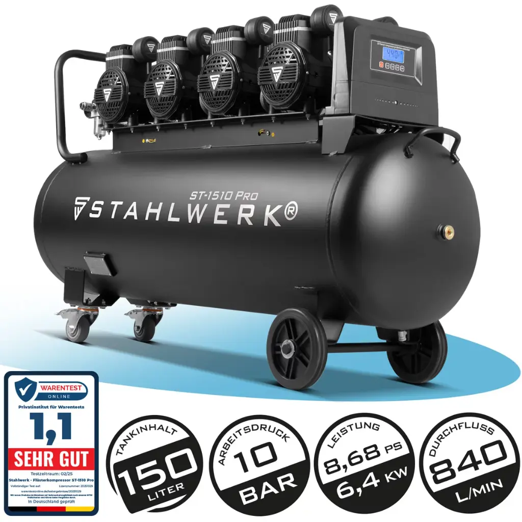STAHLWERK Kompressor ST-1510 Pro 10 bar 8,6 PS 6,4 kW 840 l/min 150 l Druckluftkompressor