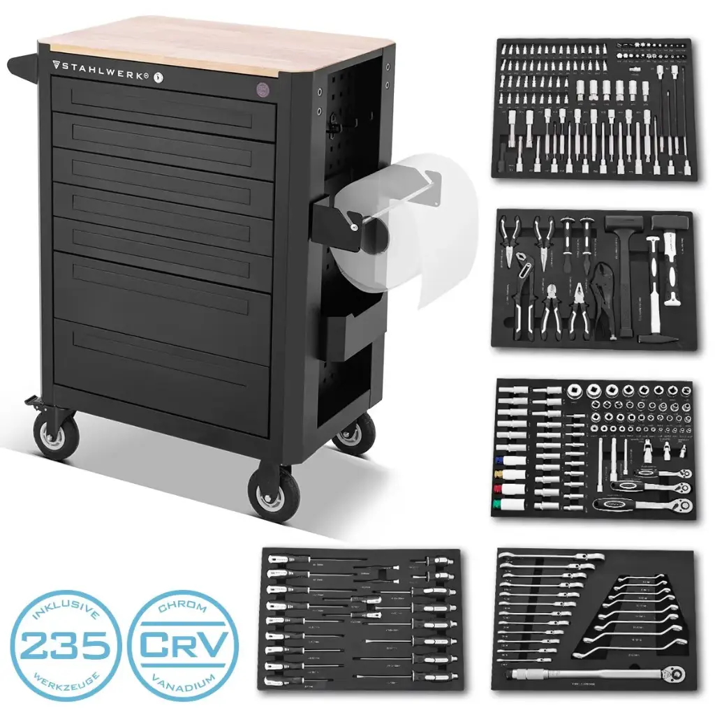 STAHLWERK Werkstattwagen CROW Werkzeugwagen Montagewagen 235 Werkzeuge CrV