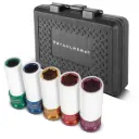 STAHLWERK Schlagschrauber-Nüsse-Set 1/2" Antrieb | 5 Schonnüsse 15, 17, 19, 21, 22 mm | Für einfachen Radwechsel | Cr-Mo-Stecknüsse für Alufelgen | Mit Felgenschutz | 6-Punkt-Profil | Farbcodiert 