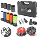 STAHLWERK Radnaben-Demontage- und Reinigungs-Set | 16-teilig | 4 Ausdrehnüsse | 5 Schonnüsse | 1/2" Antrieb | 17–22 mm | 2 Topfbürsten 65/75 mm mit Adapter M14 x 2 | Stecknuss-Satz | 12 mm Durchschlag 